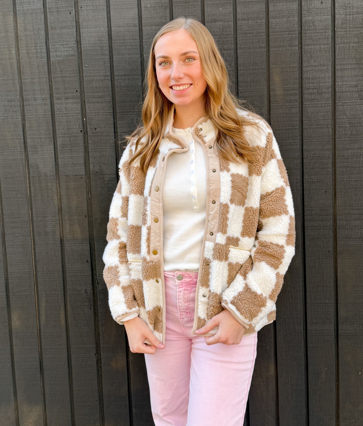Checkered Button Snap Sherpa Jacket