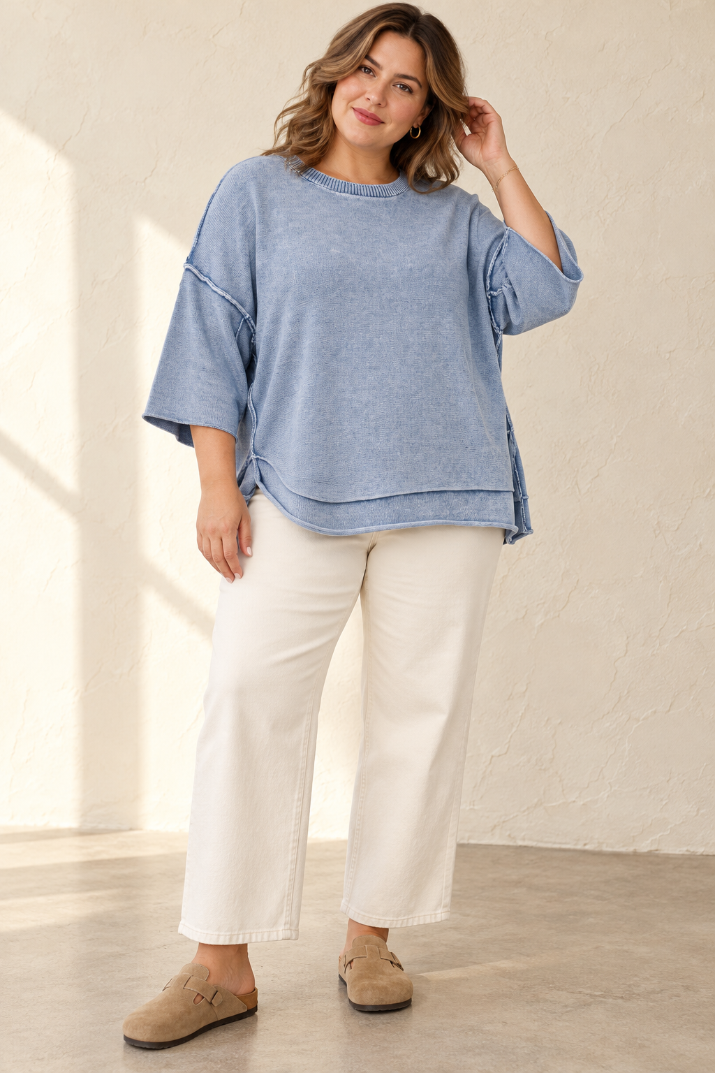 WASHED 3/4 SLEEVE BOXY SWEATER