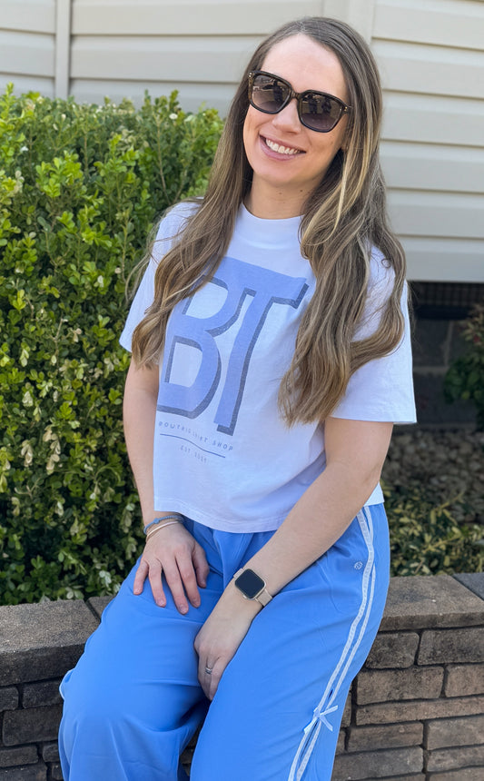 White BT Logo Semi Mock Neck Boxy Tee