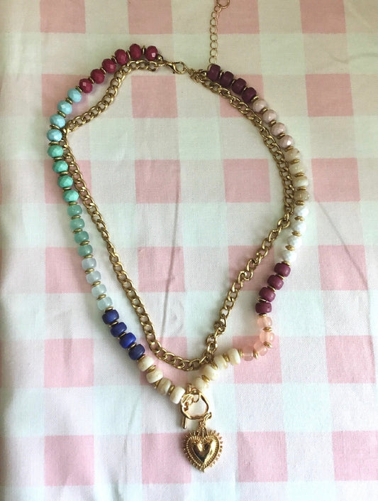 Layered Heart Beaded Chain Necklace