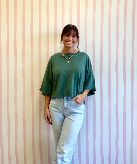 VISCOSE MOCK NECK SHORT SLEEVE BOXY SWEATER