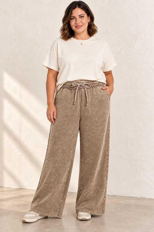 ACID WASH FLEECE PALAZZO SWEATPANTS WITH POCKETS