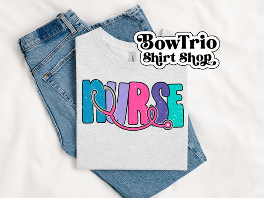 Colorful Nurse Bubble Font Shirt